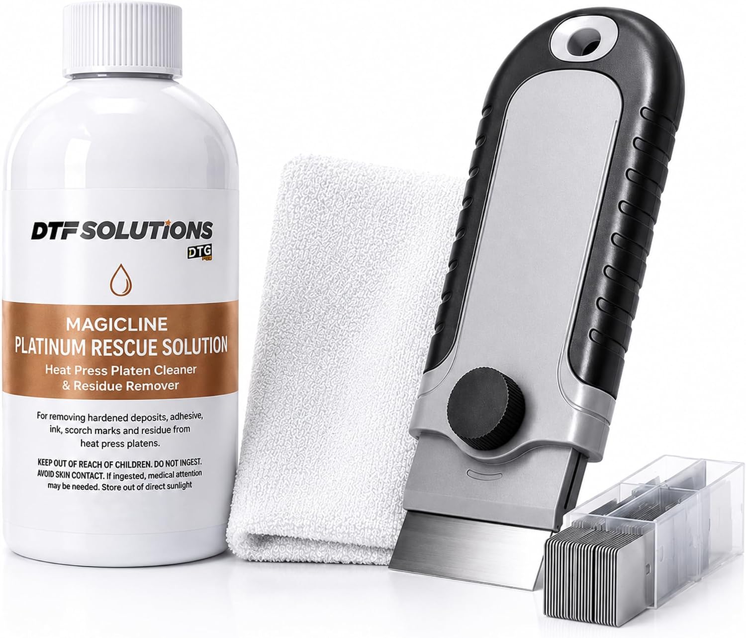 DTFSOLUTIONS Platinum Rescue Kit by MagicLine, Heat Press & Heat Station Cleaner with 100 ml Solution, Cotton Rag, Heavy-Duty Scraper & 10 Replacement Blades for Adhesive, Ink, Glue & Residue