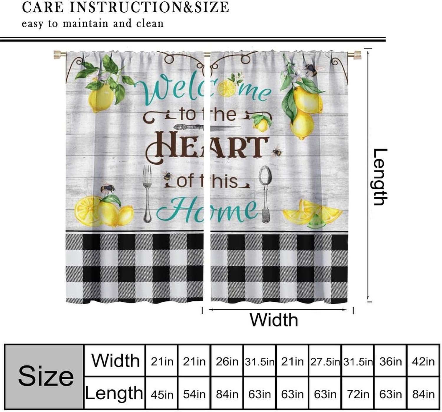 Rustic Kitchen Curtains Country Vintage Farmhous Fork Knife Spoon Cartoon Summer Fruit Lemon White Black Plaid Rod Pocket Short Curtain Tiers for Cafe Window Drapes Treatment 21x54in,2 Panel Set