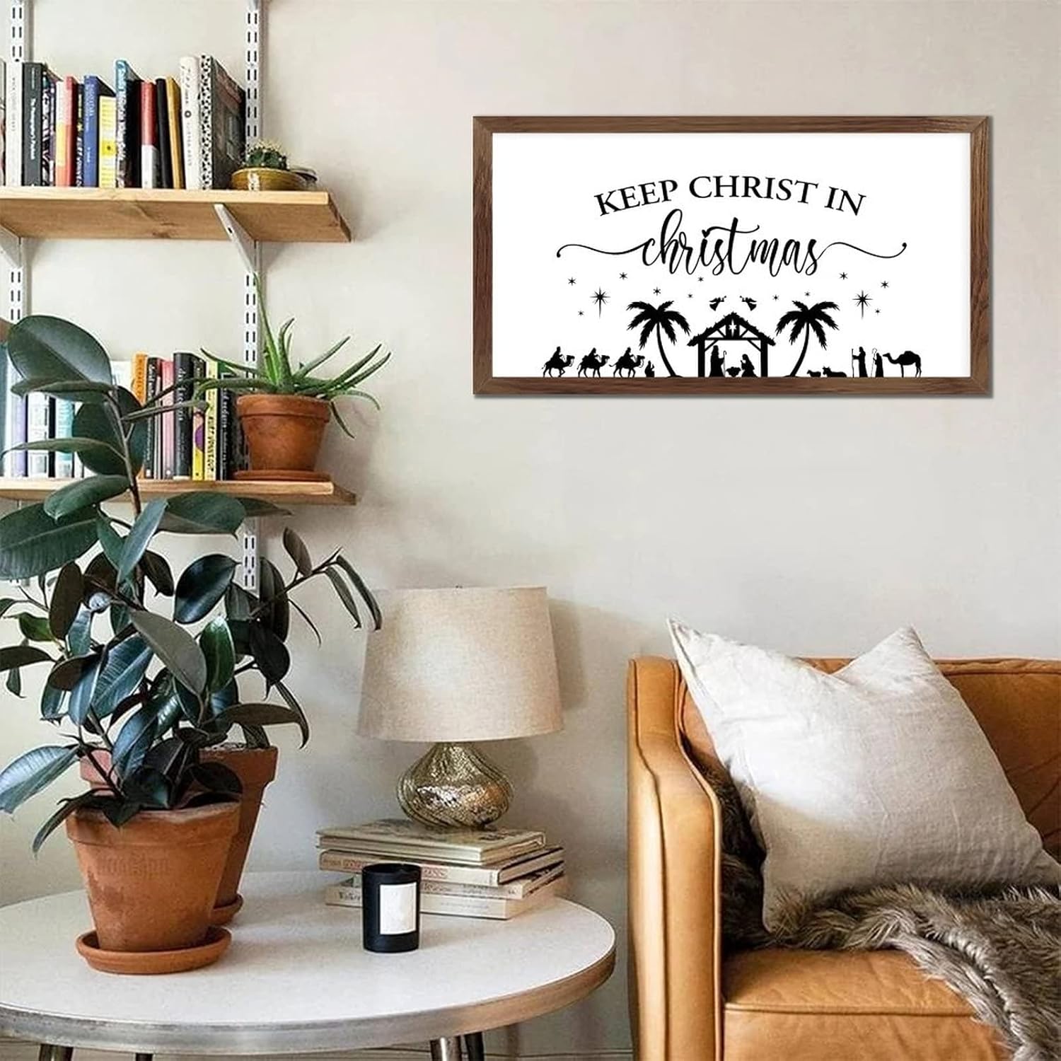 Rustic Style 12x22in Wooden Wall Art Sign with Life Positive Quote Nativity Scene Keep Christ in Christmas Scripture Verses Apricot Frame Wooden Plaque for Office Cottage Wall Decor Housewarming Gift