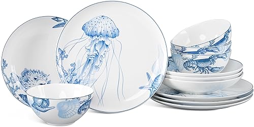 Minh Long - Juego de vajilla costera de porcelana de 12 piezas, platos, cuencos, servicio para 4, resistente a astillamientos y arañazos, apto para