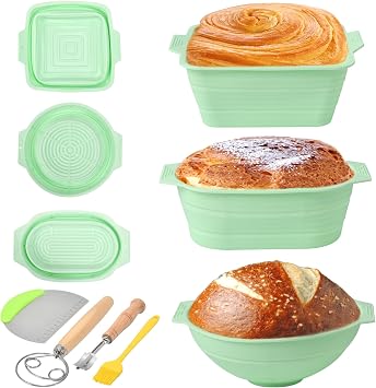 Silicone Bread Proofing Basket Set, Foldable, Oven-Safe, Non-Stick Dough Rising Bowl with Pastry Brush and Dough Mixer