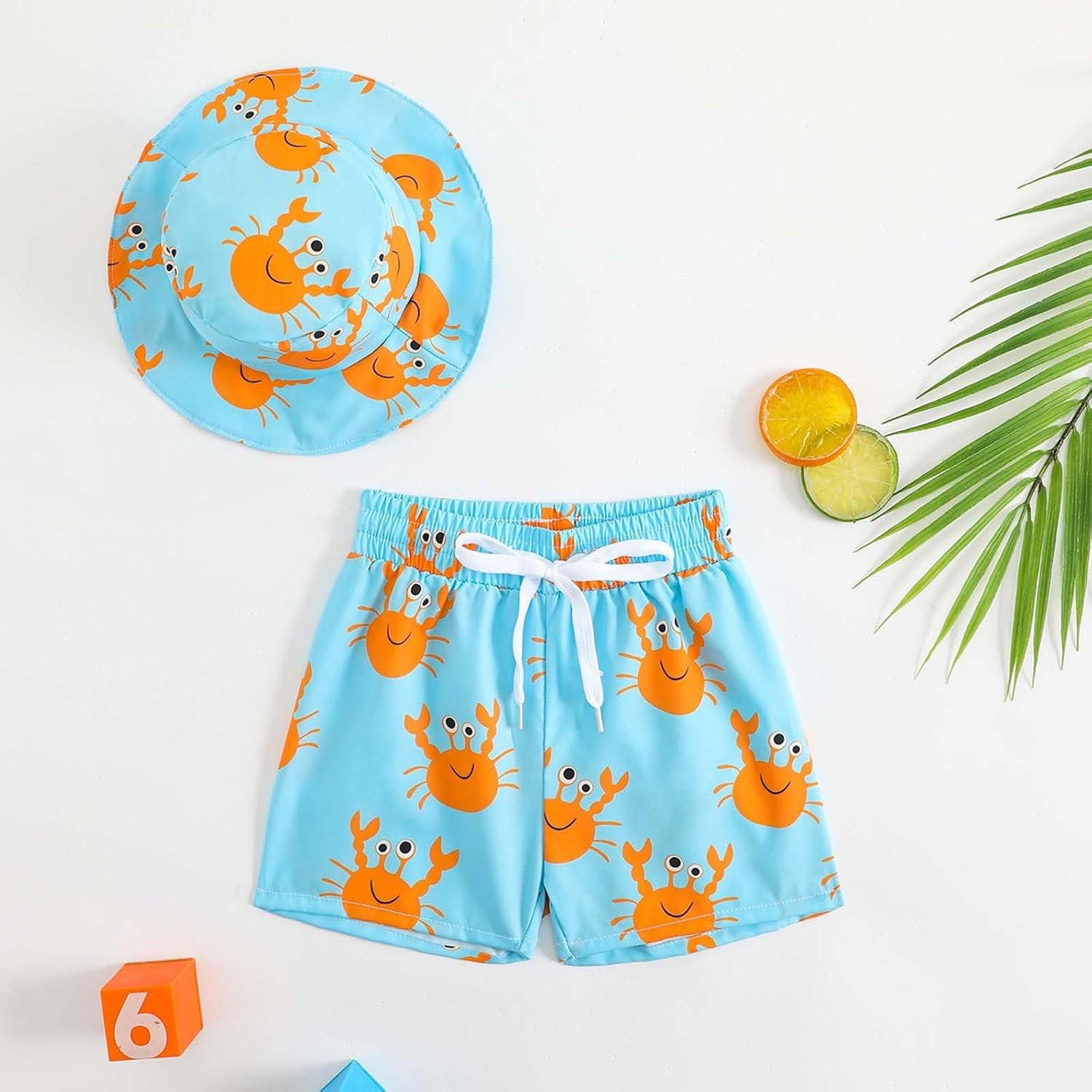 Boys Swim Trunks with Matching Hat 2 Piece Quick Dry Boys Uv Protection Swimwear Cartoon Print Protection Rash Guard Sets