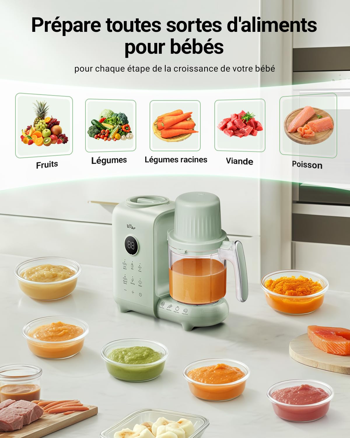 Bear Robot Cuiseur Mixeur Bébé avec Panier Vapeur 500ml,Robot Cuiseur Bebe Multifonctions Automatique Pour Purées Maison Sain,Désinfection,Fonction De Nettoyage Automatique,Sans BPA