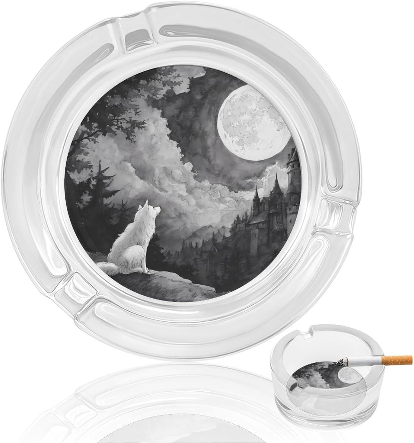 Wolf Ancient Castle Full Moon Glass Ashtray for Cigarettes Round Home Ash Tray for Patio Outdoors