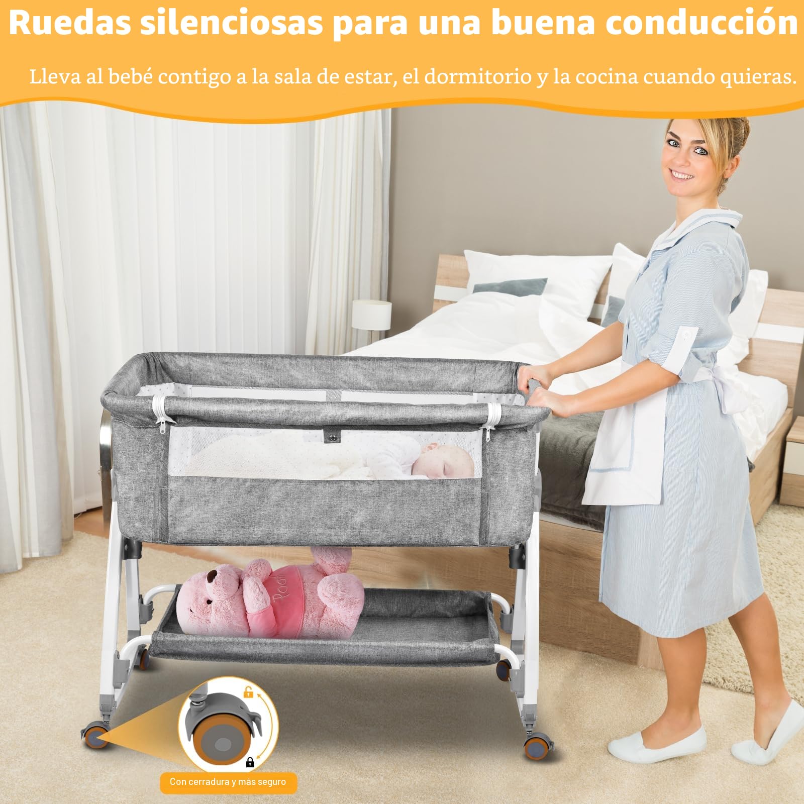 NIKYJM Cuna Colecho,3 en 1 Cuna Bebe Moises para Bebe Portatile 6 Velocità Regolabile in Altezza e Inclinazione con 4 Freni Sulle Ruote Minicuna Colecho per Letti di Diverse Dimensioni