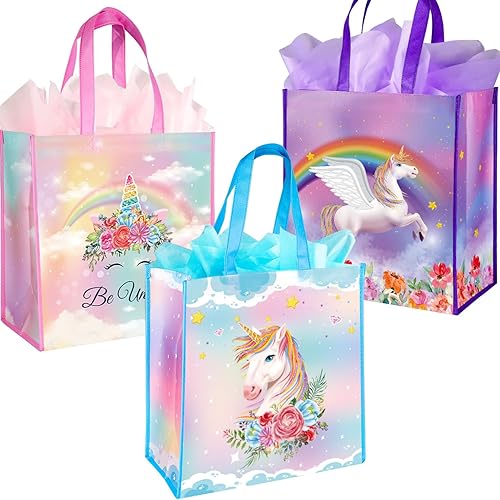 BLEWINDZ 3 bolsas de regalo reutilizables grandes con pañuelos, bolsas de regalo de unicornio para niñas con asas para recuerdos de fiesta de