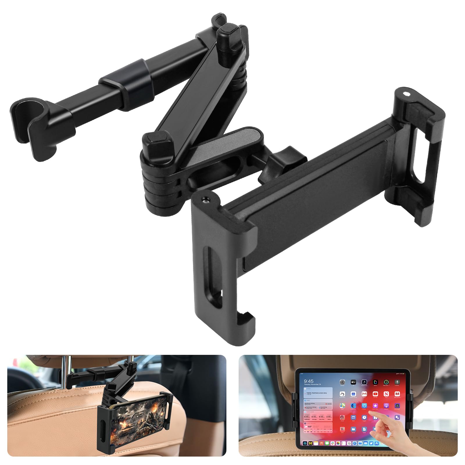 URAQT Auto-hoofdsteun Tablethouder – Uitschuifbaar, 360° Draaibaar, Compatibel Met 4,7-11 Inch, Voor IPad, Galaxy Tab, Kindle, Switch En Smartphones