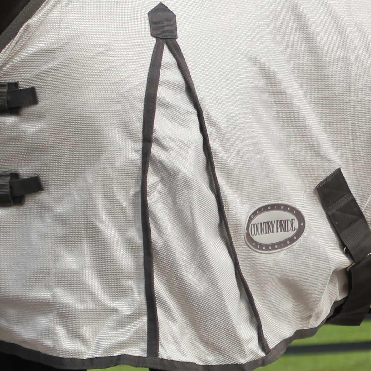 Country Pride Mesh Fly Sheet, Lightweight Breathable Horse Fly Protection, Fleece Wither Protection, Shoulder Gussets, Tail Cover, Adjustable Elastic Leg Straps, Grey with Silver Trim (76 in)