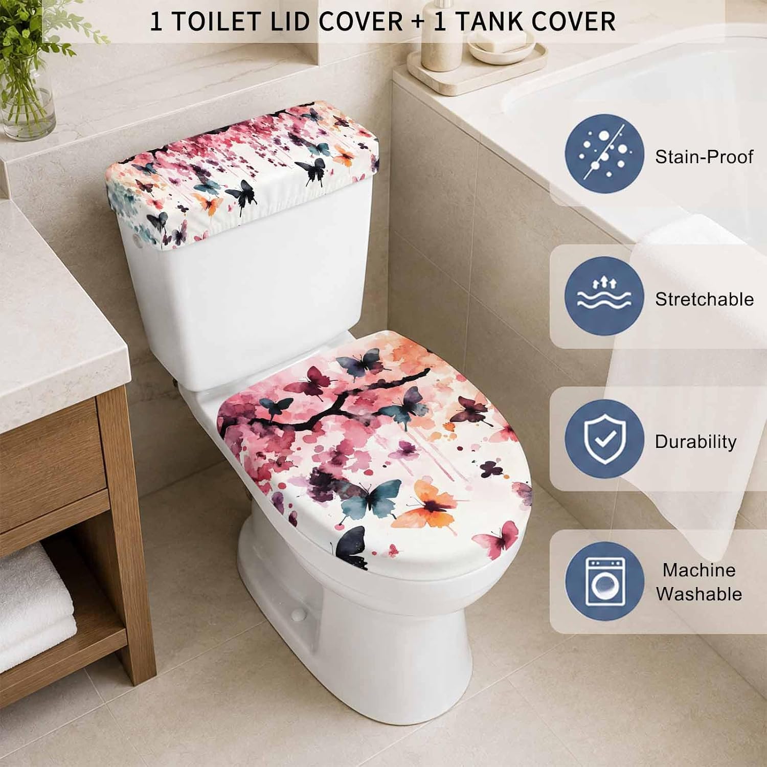 Colorful Butterfly Elastic Toilet Lid and Tank Covers Set, Spring Ombre Watercolor Flowers Decorative Bathroom Decor, 2 Pcs Toilet Lid Cover and Toilet Tank Lid Cover with Elastic Bottom image 3