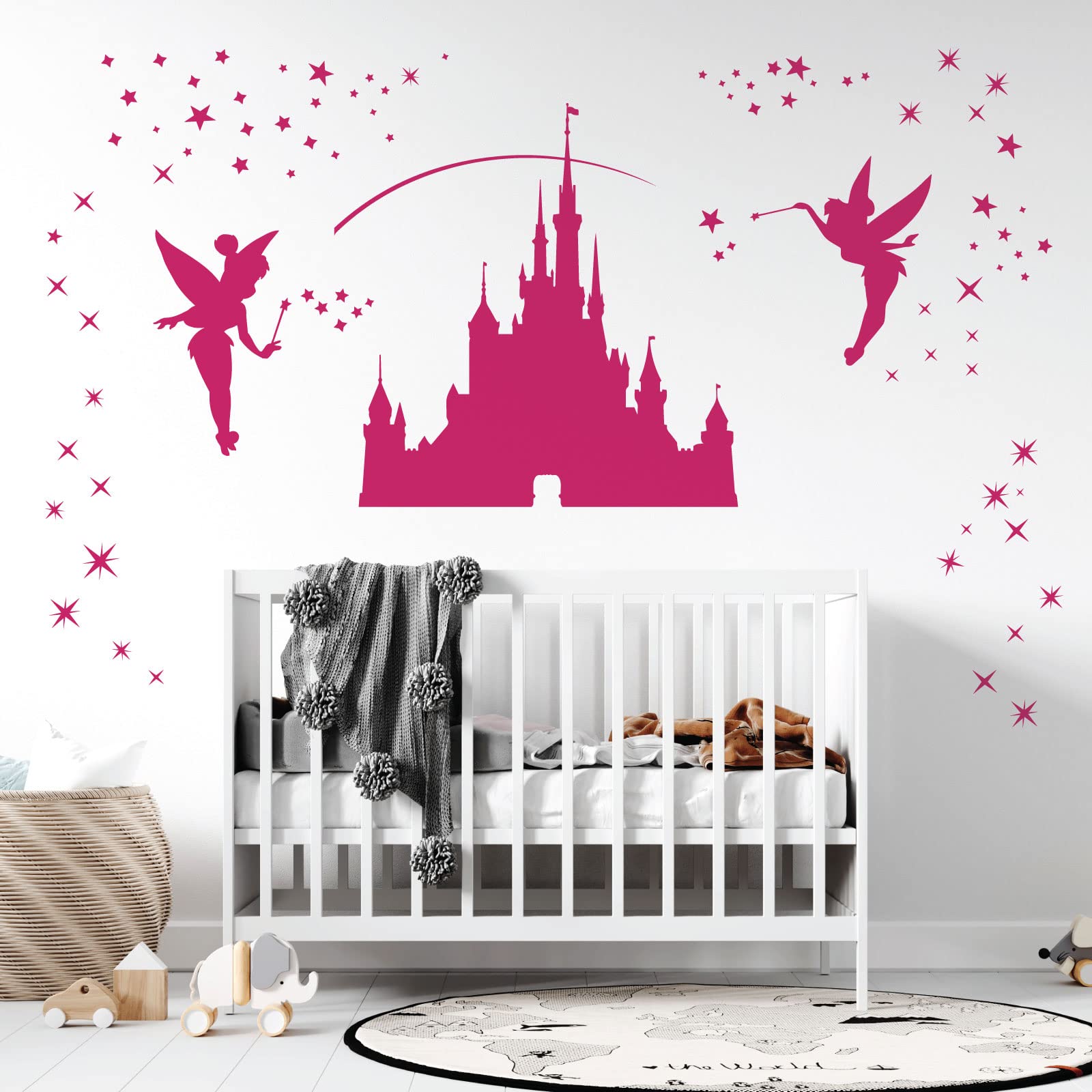 Fairy Castle - Fairies and Twinkling Stars - Girls Bedroom Vinyl Wall Decal Sticker [Large] [Magenta] — image 1