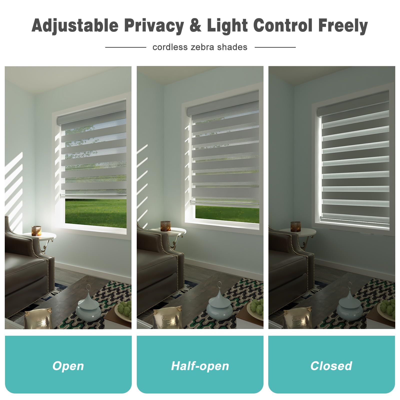 Changshade Persianas cebra inalámbricas para ventanas, modernas persianas de cebra de doble capa con filtro de luz y control de privacidad, persianas cebra fáciles de instalar para ventanas de