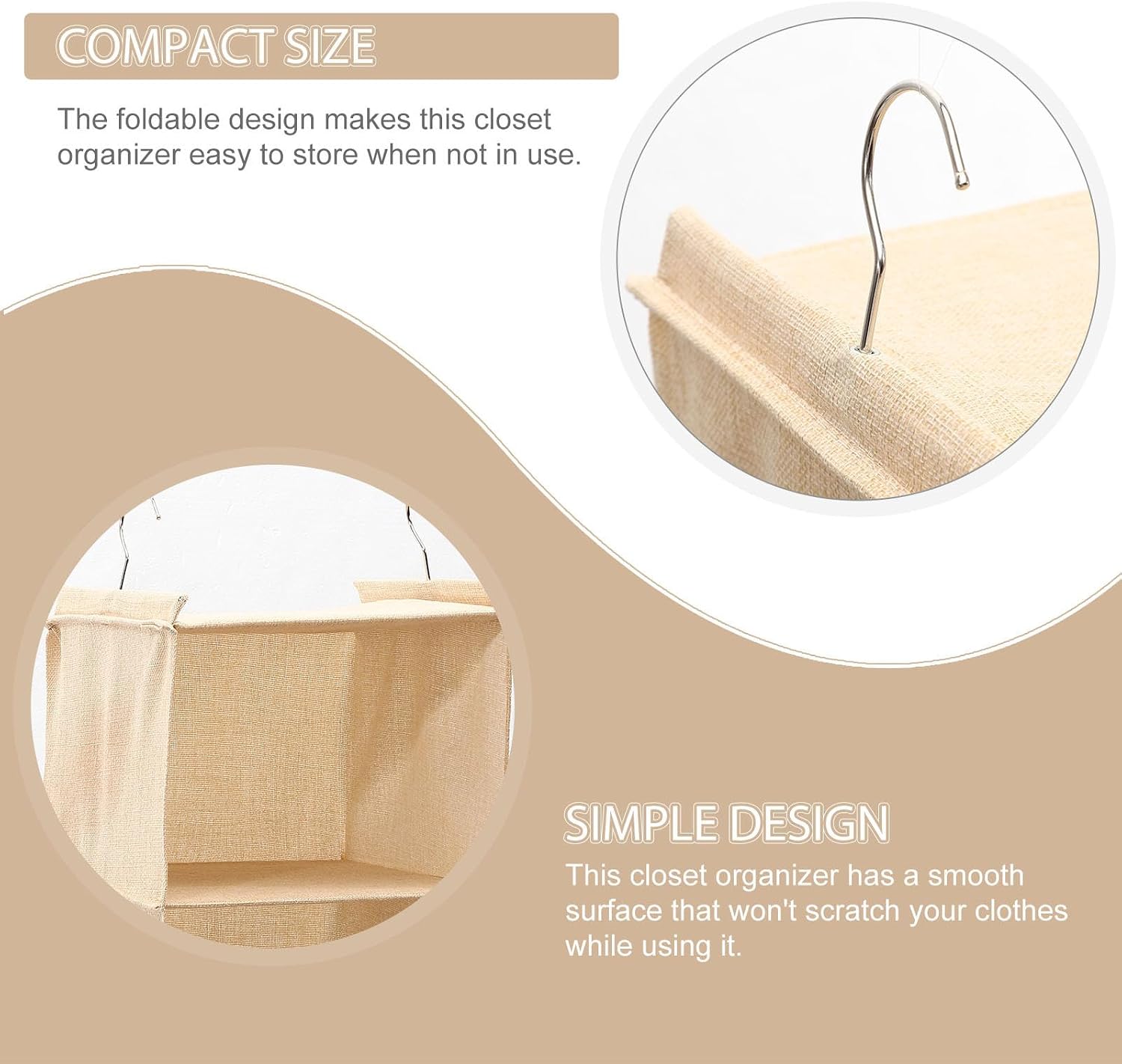 Beige 3-Layer Hanging Clothes Organizer with Foldable Design and Linenette Material for Closet Storage and Home Organization