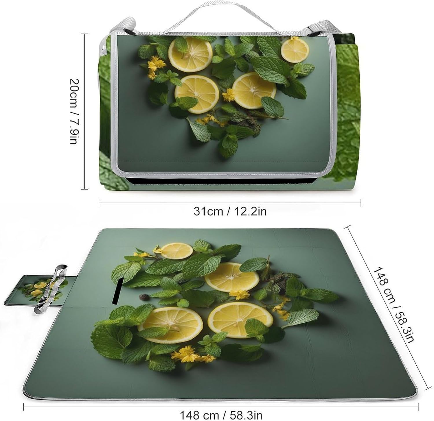 Mint Leaves and Lemon Foldable Waterproof Outdoor Picnic Mat for Beach, Camping & Park - Outdoor Rugs with Sponge Padding
