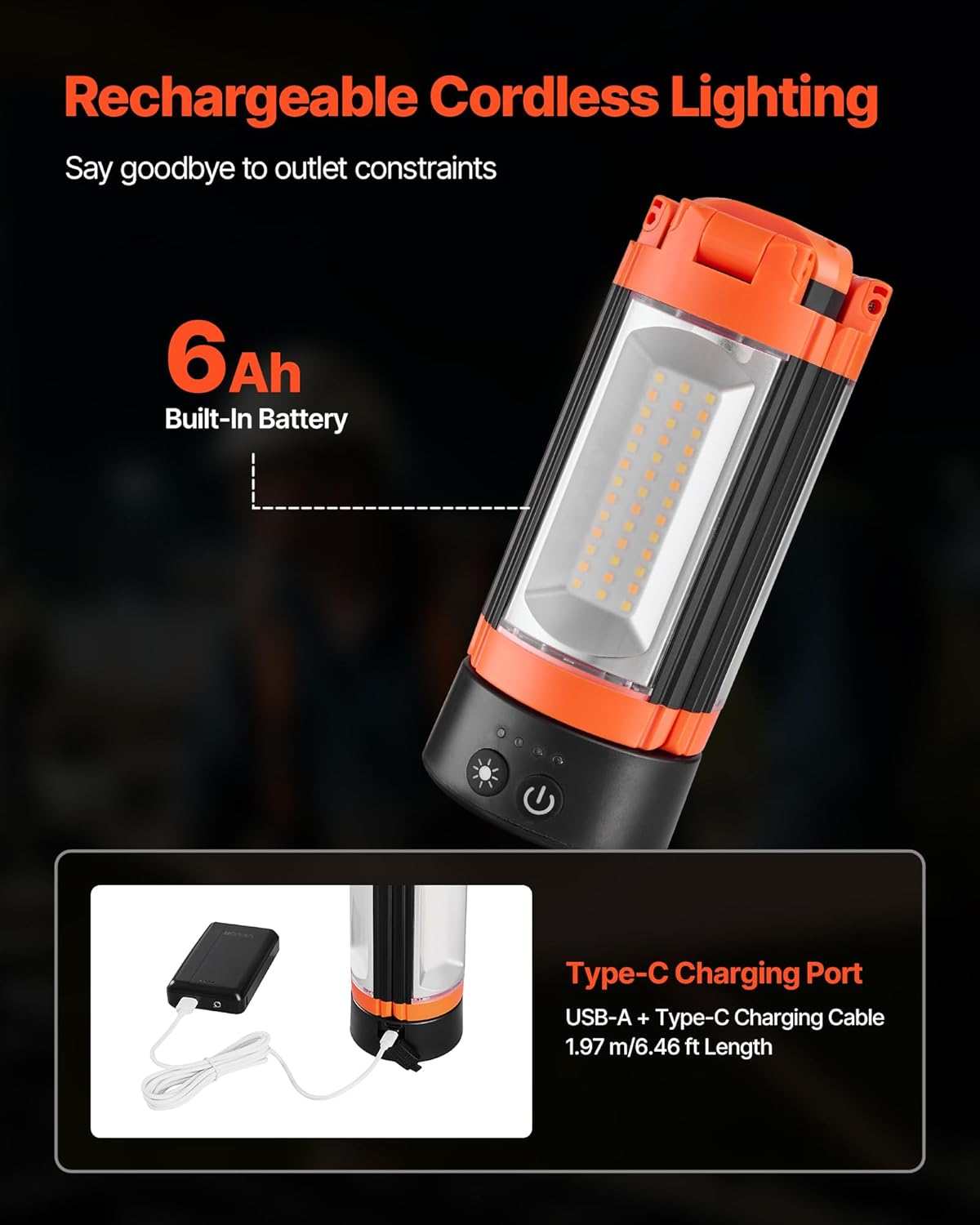 VEVOR LED Work Light with Stand, 6Ah, Rechargeable Cordless Camping Light, with 3 Lamp Heads, Detachable Tripod Stand, 2200 Lumens 3000K-6500K Dimmable, Portable Construction Lighting for Job Site