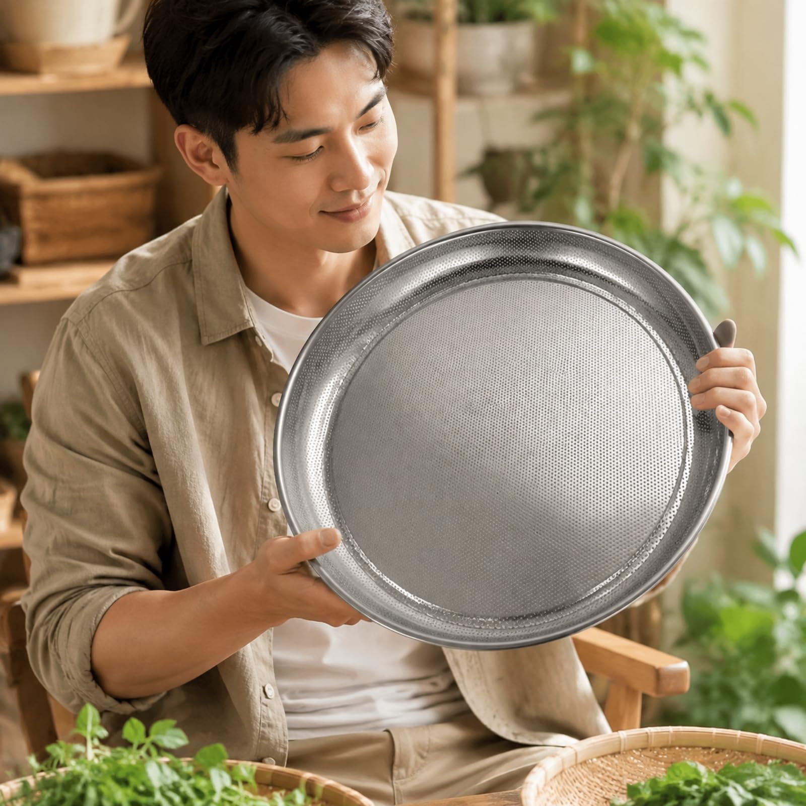 edelstahlsieb mit 2 mm löchern edelstahl lebensmittelsieb stabil seiher für garten, 50CM
