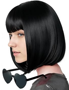 12 Inch Short Bob Wigs with Bangs Sunglasses for WomenBlack
