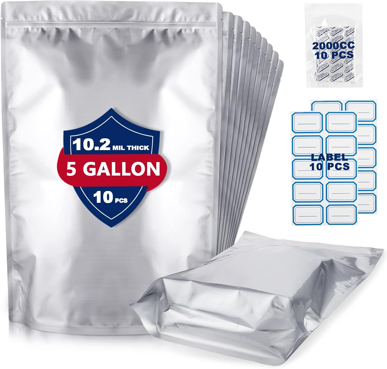 5 Gallon Mylar Bags for Food Storage, 10.2 Mil Standup