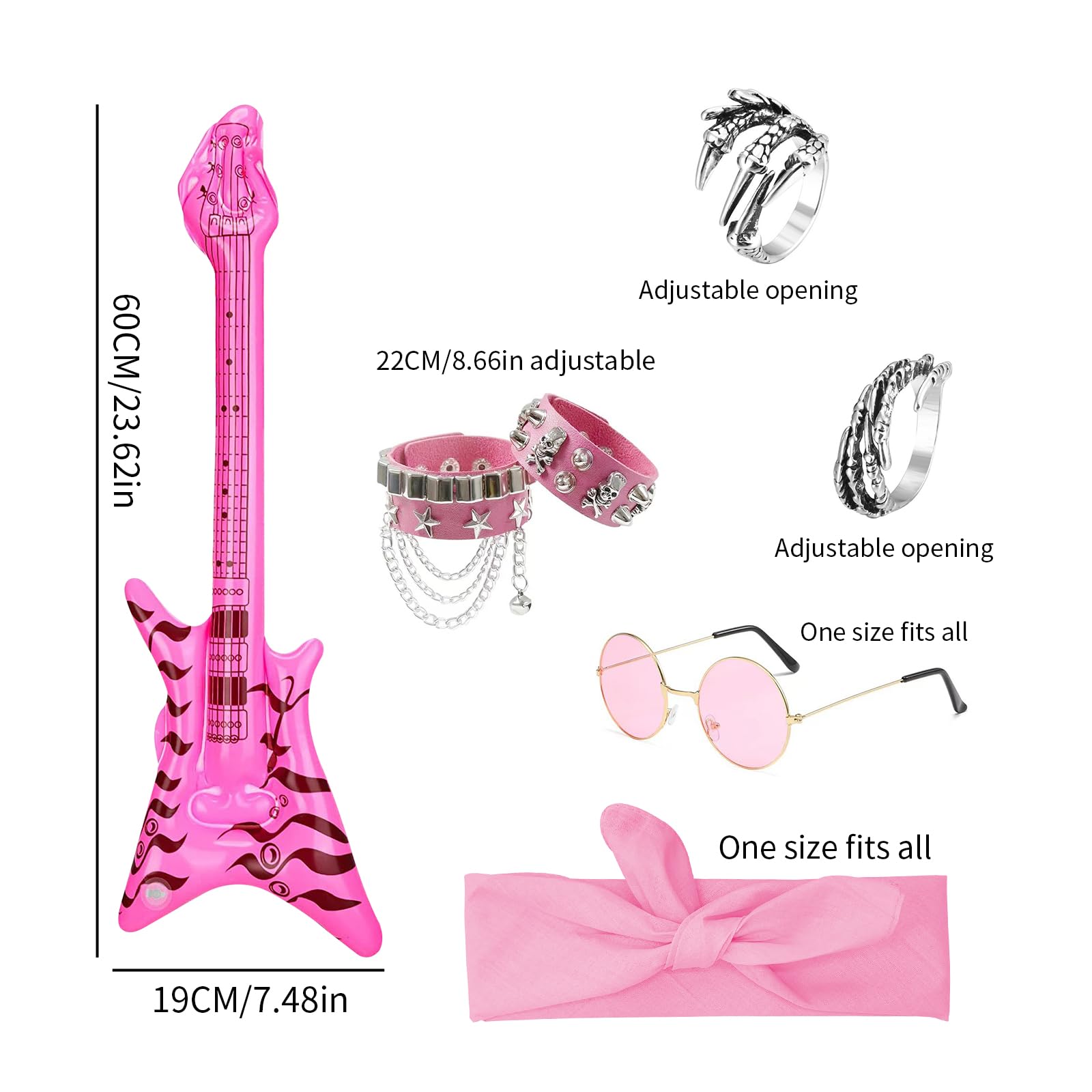 Kids Rockstar Fancy Dress Costume Set, Pink Rock Star Cosplay Outfit with Inflatable Guitar, Sunglasses, Bandana - Image 2