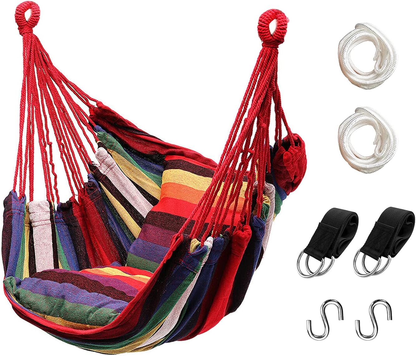 Hommtina Hammock Chair Hanging Rope Swing, Max 300 Lbs Hanging Chair with Pocket & Durability Perfect for Outdoor, Home, Bedroom, Patio, Yard (Pillows NOT Included,Colorful)