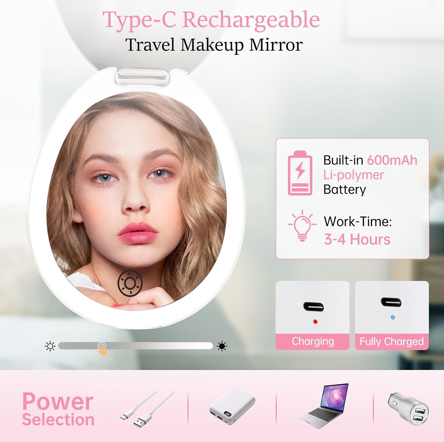 Funtoouch Travel Makeup Mirror with Light - LED Compact, Magnifying, 2-Sided, 3 Color Lights, Cosmetic Mirror, Small Enough for Purse