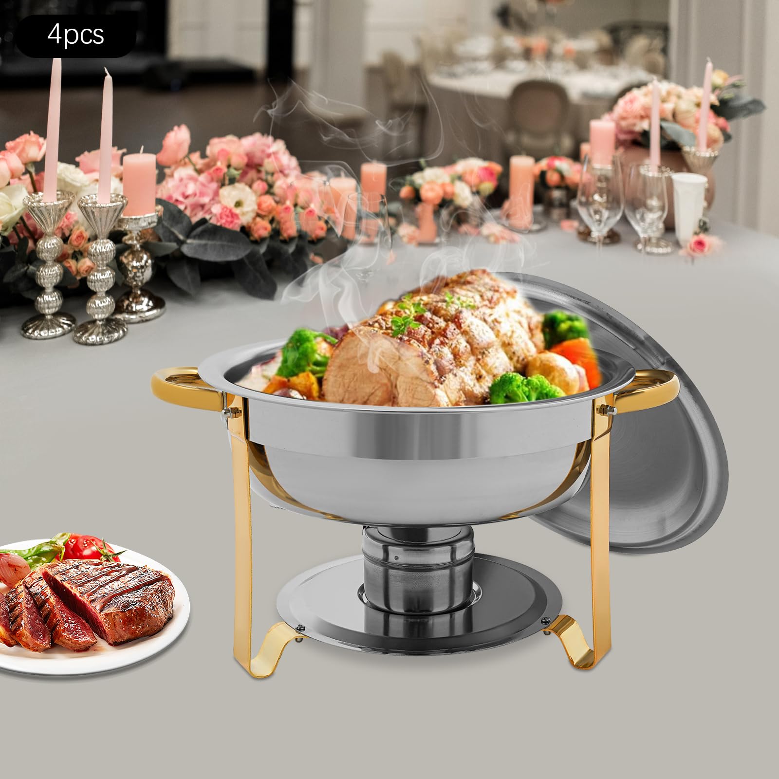 Chafing Dish Buffet Set da 4 pezzi rotondi Chafing Dish Set da 4,5 l scaldavivande in acciaio inox a buffet per catering, buffet e feste