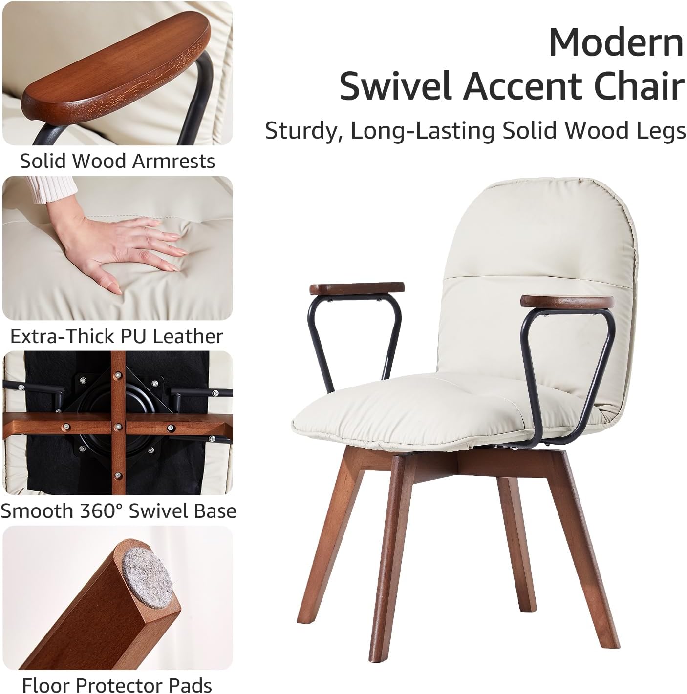 zyz Mid Century Modern Accent Chair, Solid Wood Arms & Legs, 360° Swivel Desk Chair No Wheels, Upholstered Vanity Chair, PU Leather Armchair for Home Office Living Room Bedroom (Khaki, Set of 2)