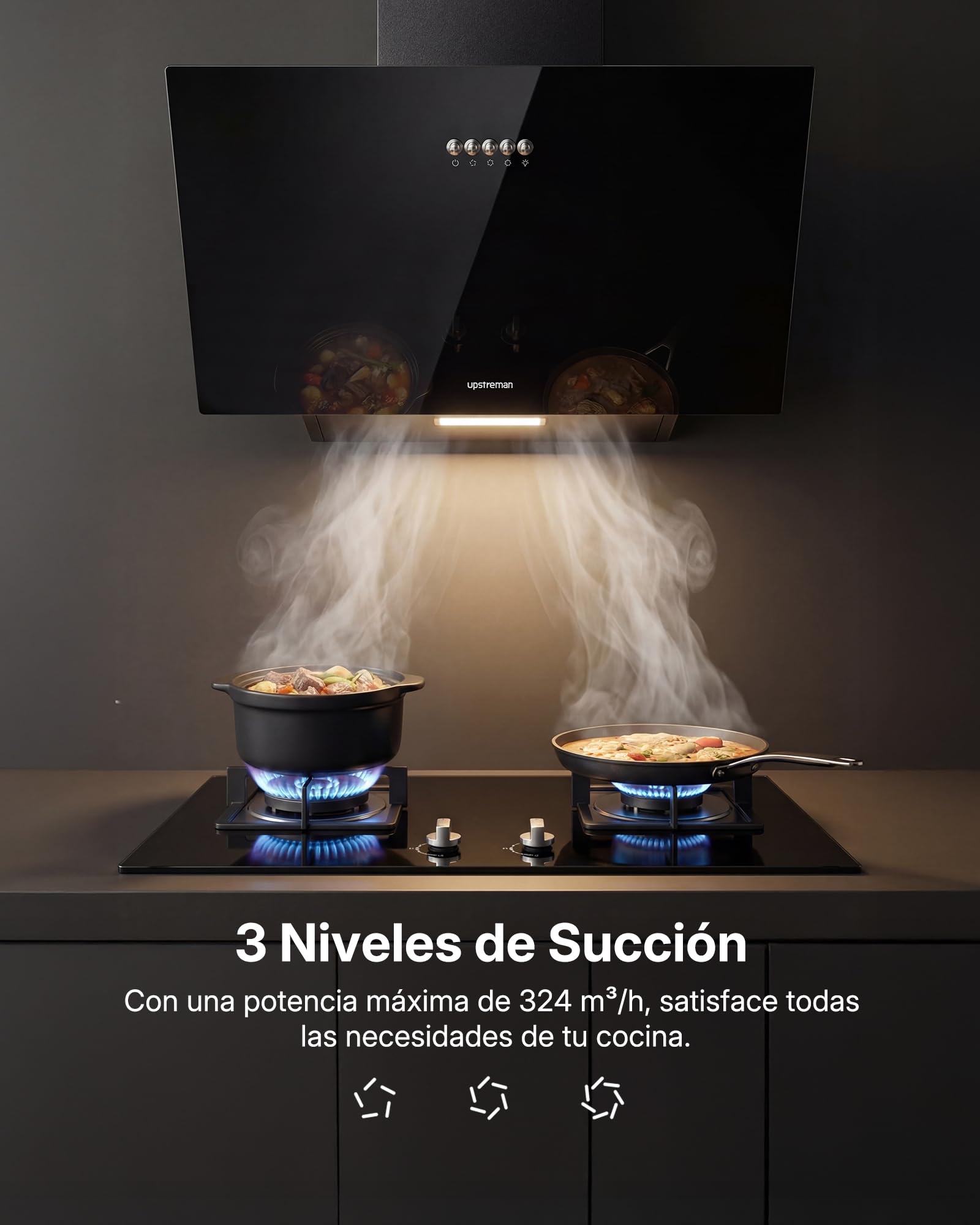 Upstreman Campana Extractora 60 cm, A+++, 56 dB, Diseño Inclinado | 3 vel (324 m³/h), bajo consumo 7 kWh, evita golpes, visión despejada, filtros carbón, LED, filtro lavable, cristal templado