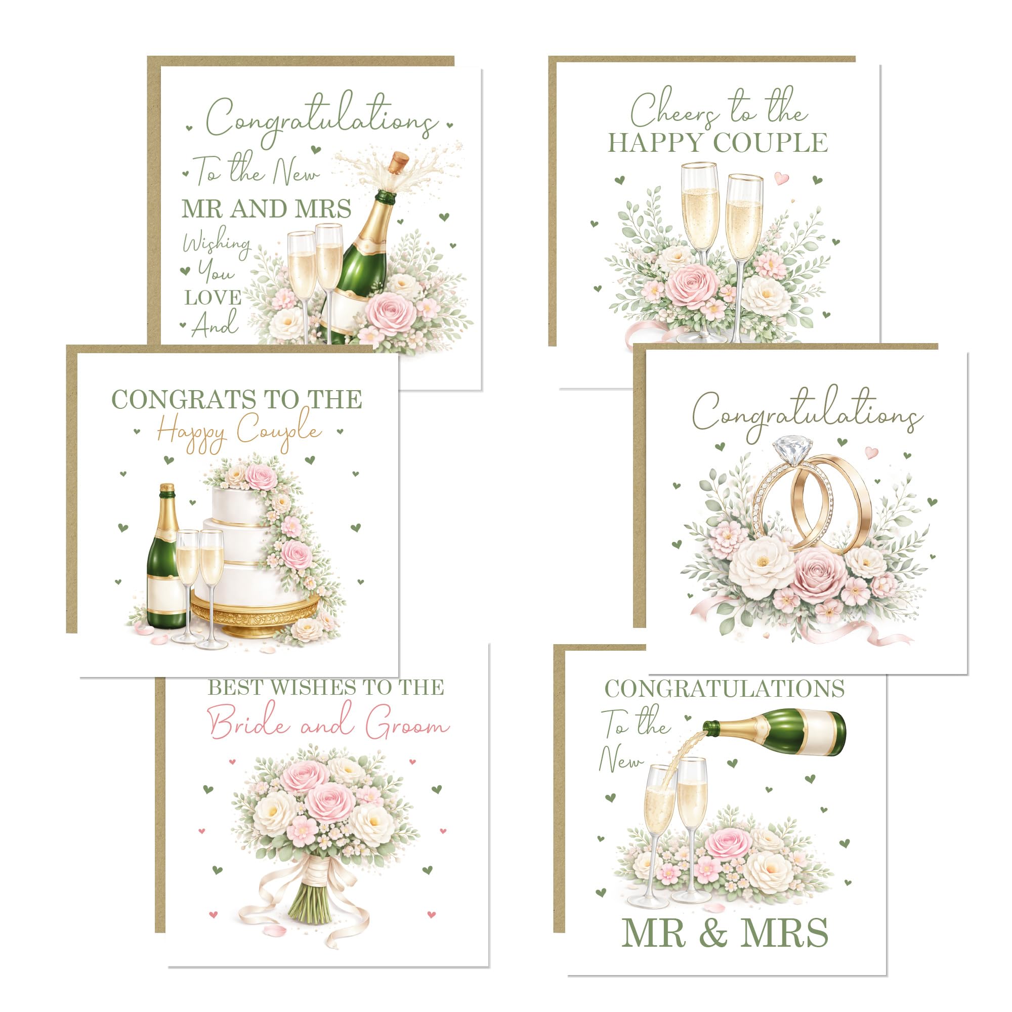 RED OCEAN Set of 6 Wedding Congratulations Cards with Envelopes - Luxury Mr & Mrs Greeting Card Pack for Bride & Groom, Happy Couple, Elegant Floral Wedding Card Set, Blank Inside, 145x145mm