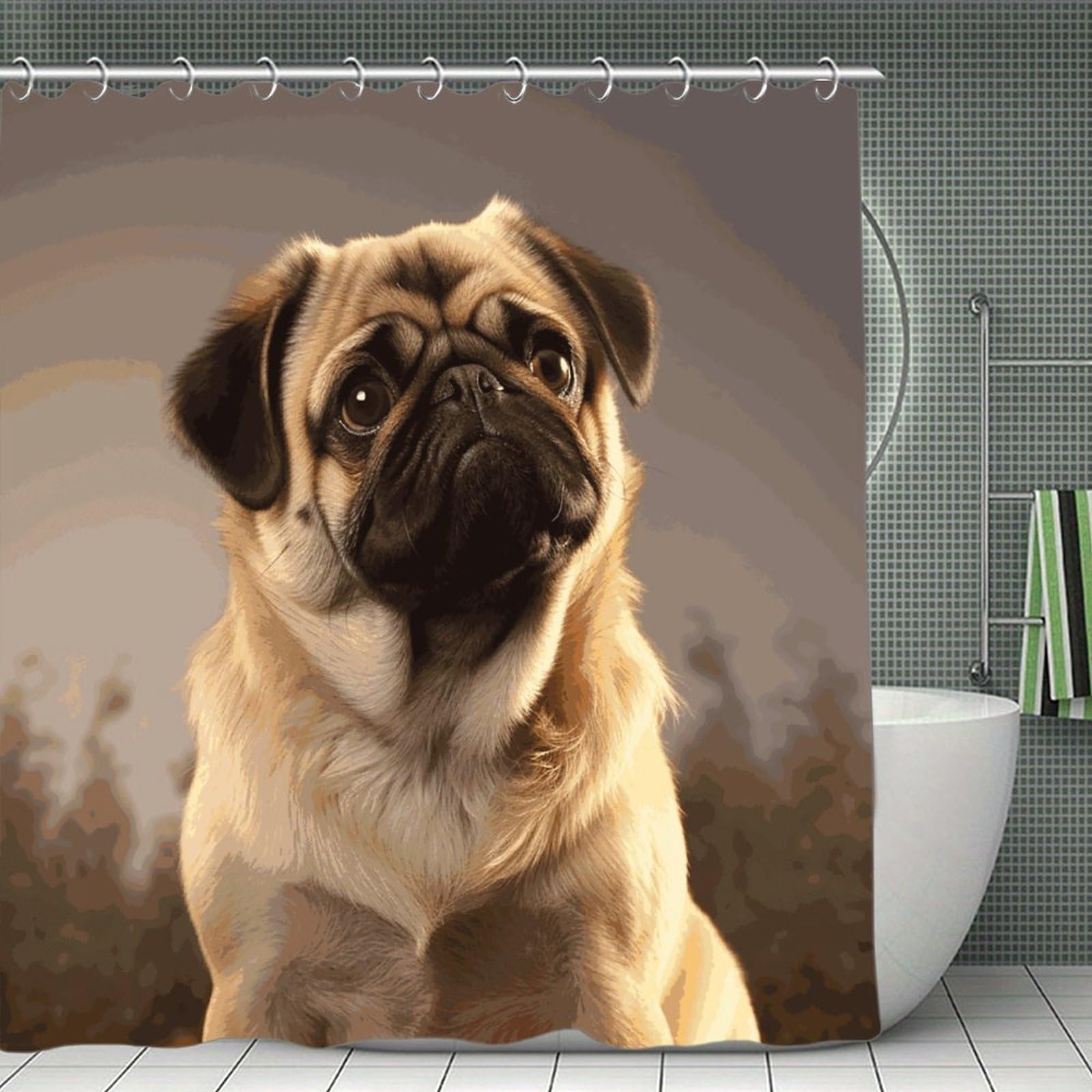 JTREHY Cute Pug Dog Shower Curtain Waterproof Bathroom Shower Curtain Machine Washable Bath Curtains Polyester Cloth Bath Curtains for Bathroom Showers 70.8×70.8Inch