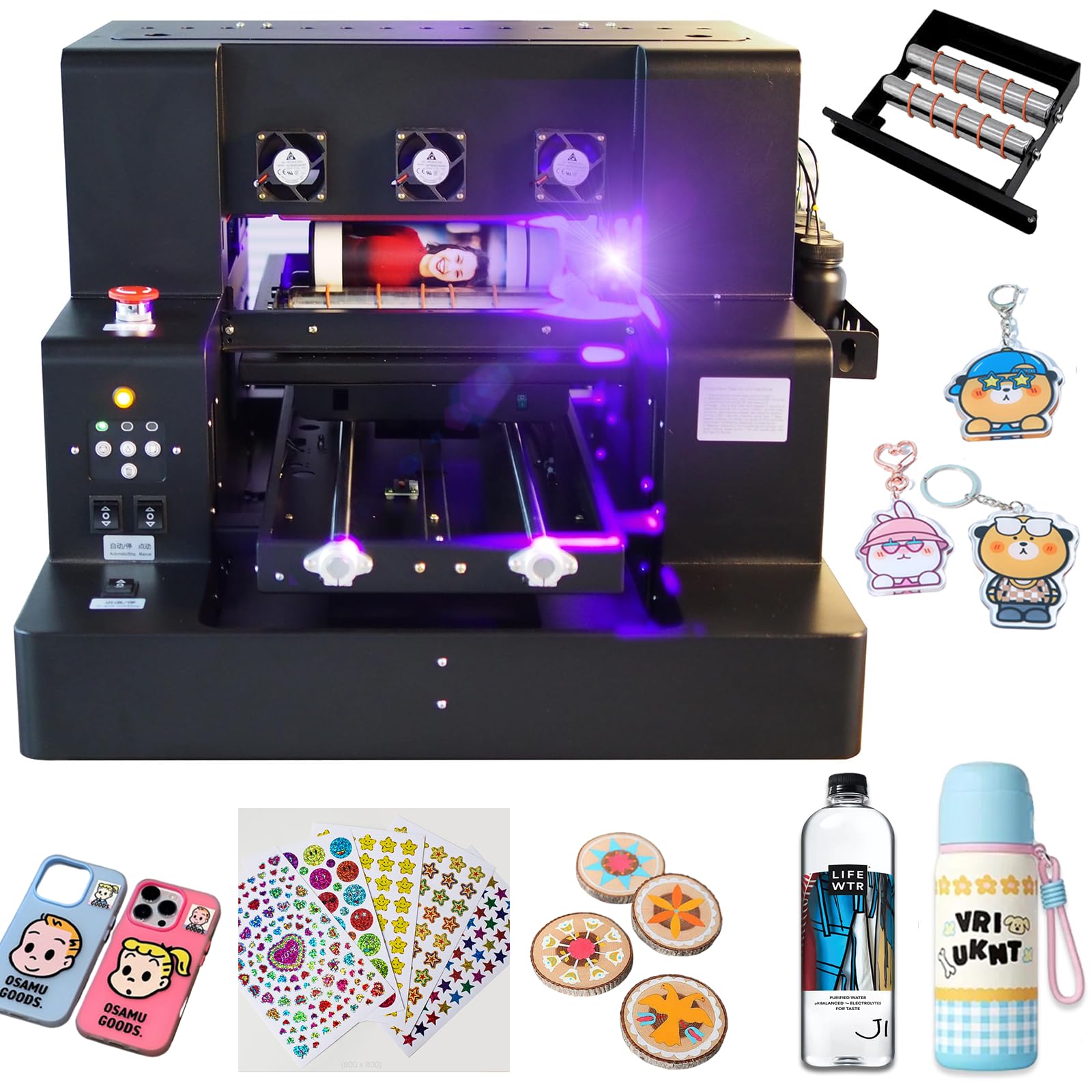 UV Printer Machine, A3 L805 UV Flatbed Printer with Bottle Holder, 2880 * 1440dpi, 100% Transfer Rate UV DTF Printers for Bottles Stickers Acrylic Phone Cases Wood Glass Metal Leather Golf Balls ABS