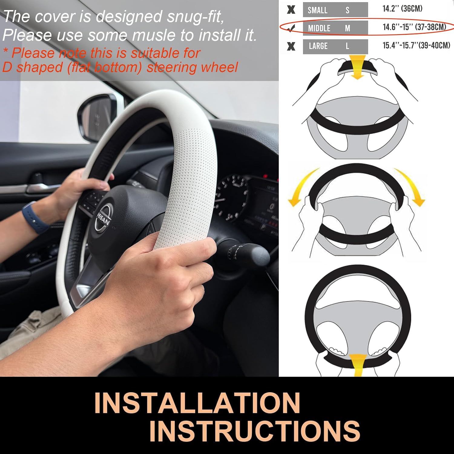 PINCTROT D Shaped Nappa Leather Steering Wheel Cover, Slim Fit No Bulk Design, One Piece Leather with Breathable Perforation, Fit Like Gloves, Flat Bottom 14.5-15 Inch(Nappa White)