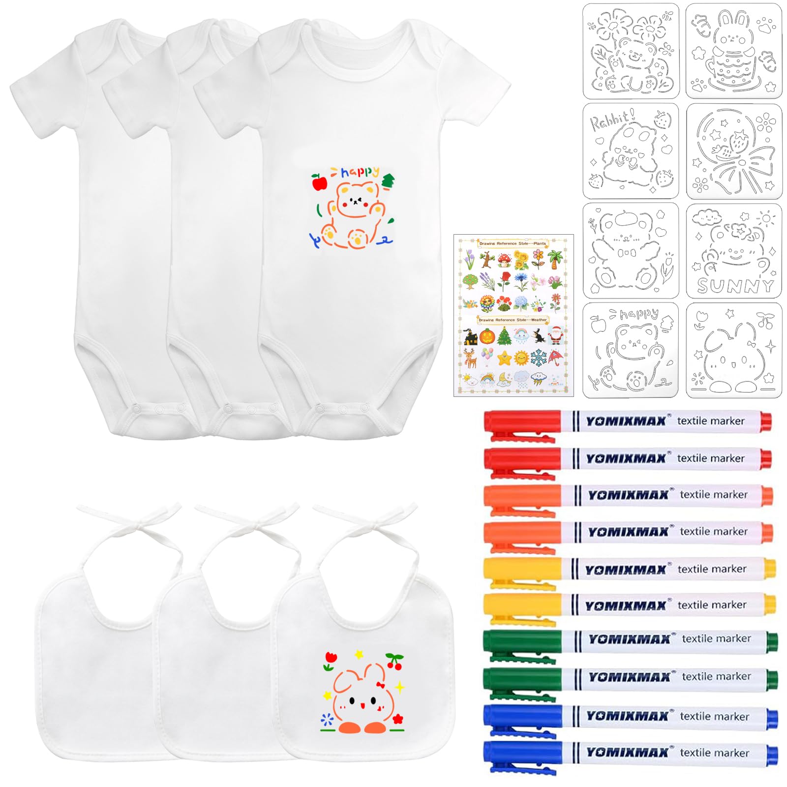 KingYH Lätzchen zum Bemalen und Bodys zum Bemalen Baumwolle DIY Baby Lätzchen Set mit Textilstiften und Malen Schablonen für Junge Mädchen Babyshower (24, Weiße, 12 Monate)