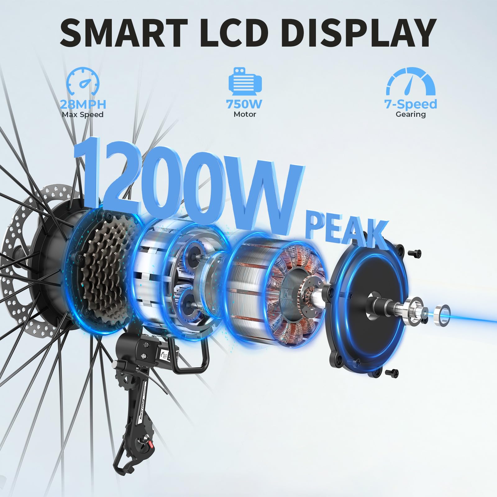 Jasion Roamer Electric Bike for Adults 1200W Peak Motor 528WH Removable Battery,up to 60miles 28MPH City Cruiser Ebike,26'' Commuter E Bike, 7-Speed Gears and Front Suspension Bicycles,Blue