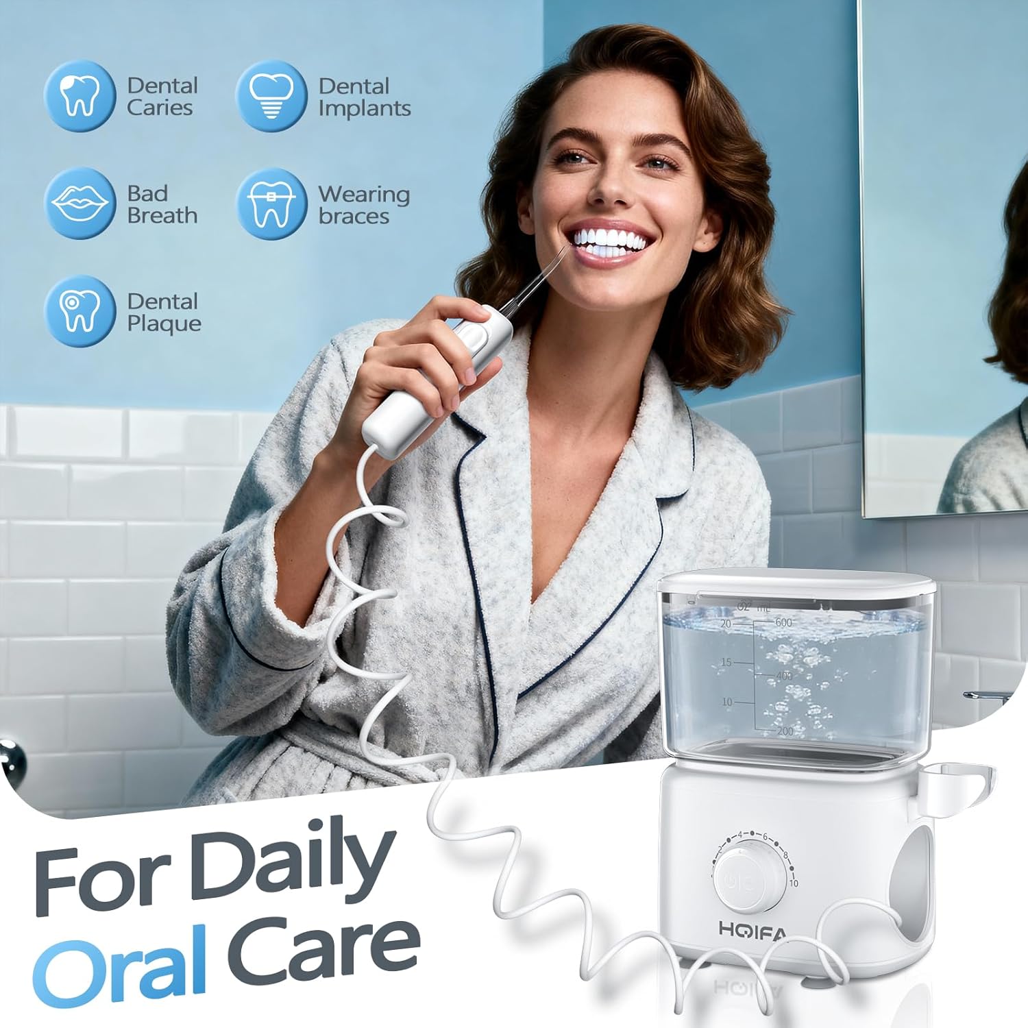 Water Dental Flosser, 600ML Large Water Tank Oral Irrigator for Teeth, 10 Modes Water Flosser with 5 Jet Tips Suitable for Multiple Users, IPX7 Waterproof Electric Flossing Machine for Family, White