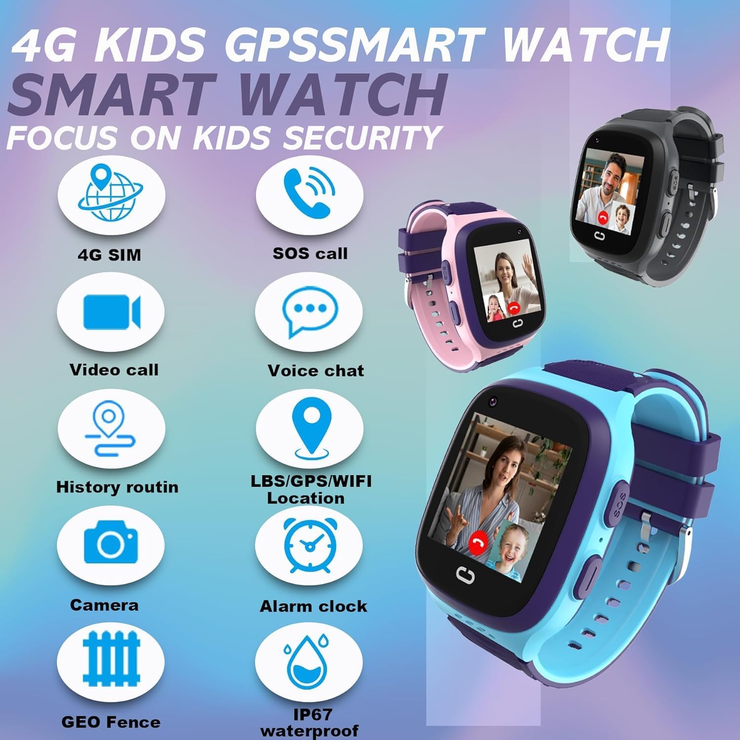 4g kids smart watch boys with gps tracker location video call cell phone sos calling voice chat camera alarm clock touch screen smartwatch gifts for age 5-12 kids (blue)