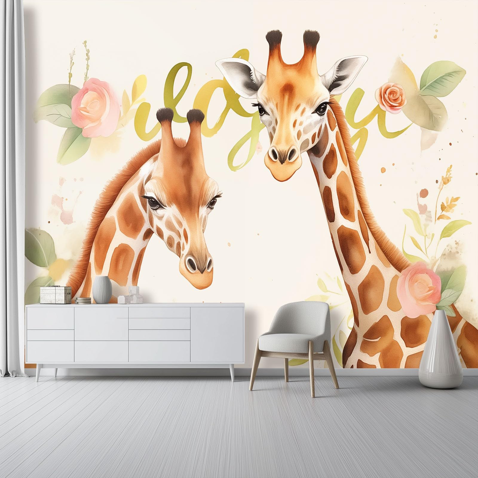 Panoramiczna tapeta 400 x 280 cm, akwarela żyrafa salon sypialnia dekoracja domu - tapeta z włókniny 3D garbowana