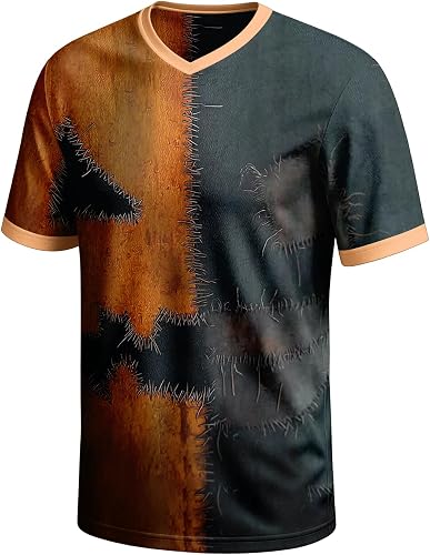 Mens Short Halloween Shirts Patchwork Block Pumpkin Graphic 