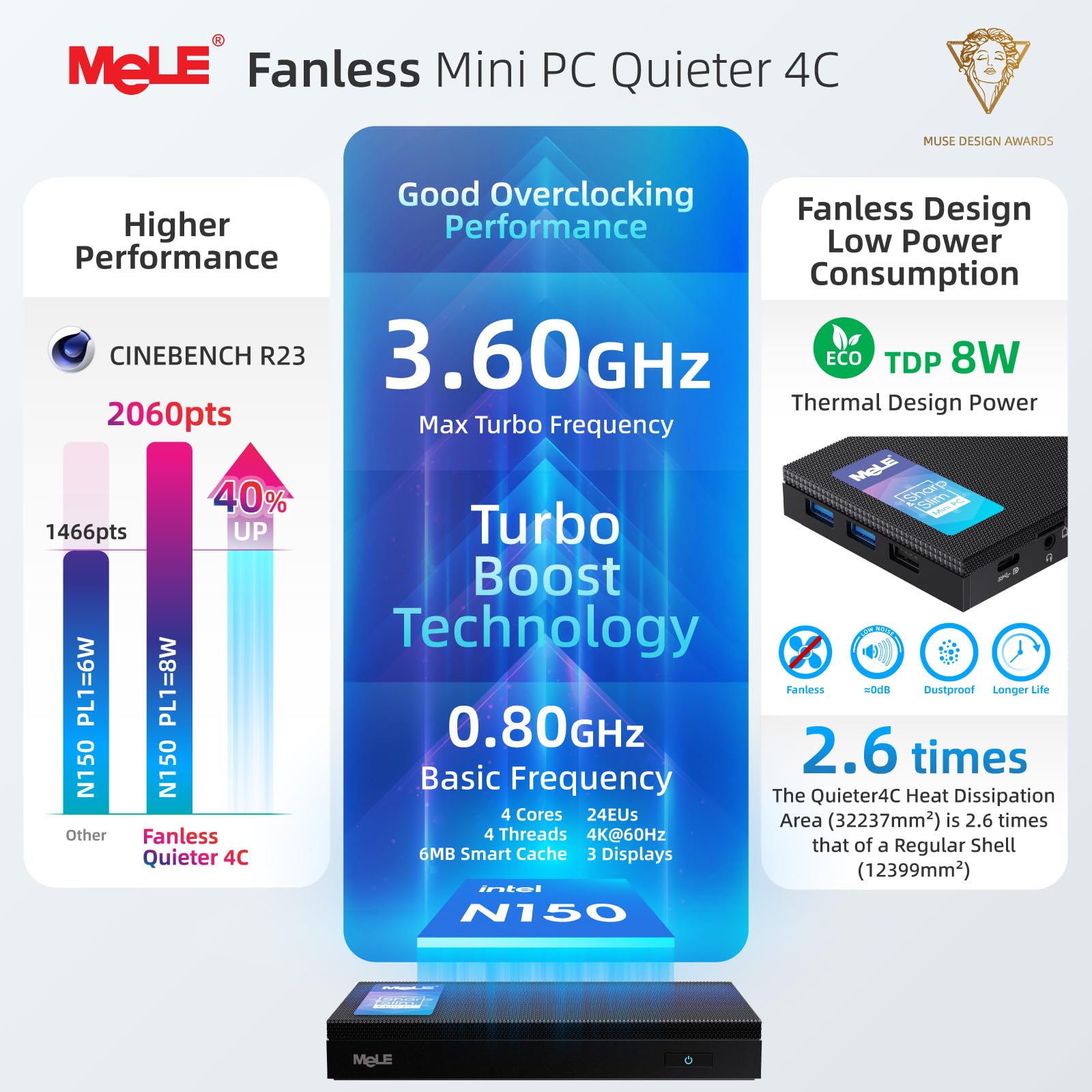 MeLE Quieter4C N150 Mini PC sin ventilador (hasta 3.6GHz 4C/4T) 16GB LPDDR5 512GB Micro computadora de escritorio, compatible con pantalla triple 4K, HDMI dual, USB-C WiFi 5 BT5.1 Ethernet todo en uno