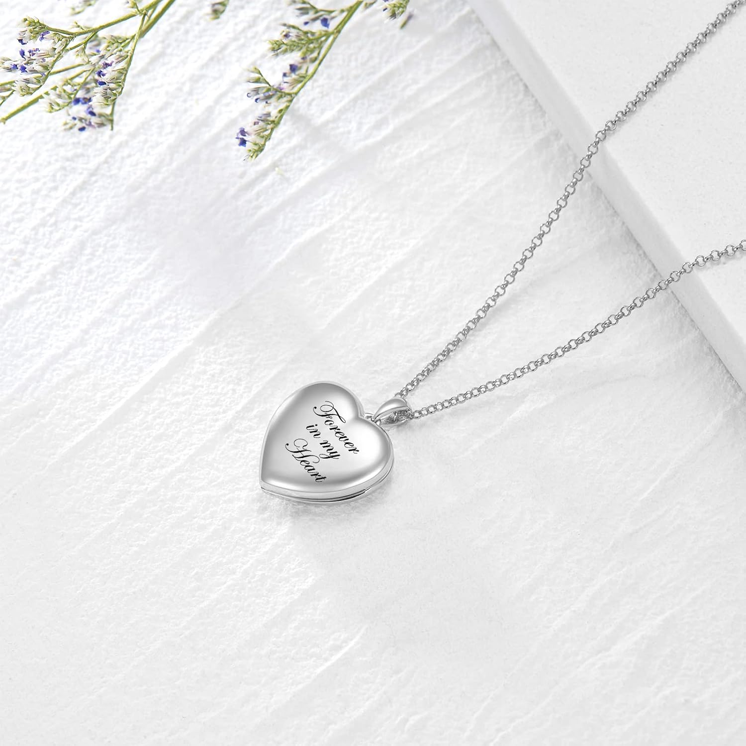 SOULMEET 18k White Gold Plated Silver Heart Locket Necklace That Holds Pictures Photo Locket Necklace Engraved Forever in my Heart (Locket only) - Image 4