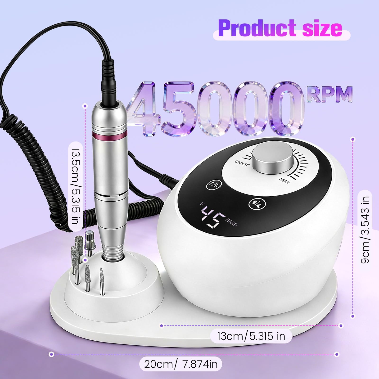 Fresa per Unghie Professionale 45000RPM, Fresa per Unghie, Lima Per Unghie Elettrica, Set Manicure e Pedicure Elettrico con display a LED, 6 Testine di Levigatura, Portable Nail File Kit per Salon