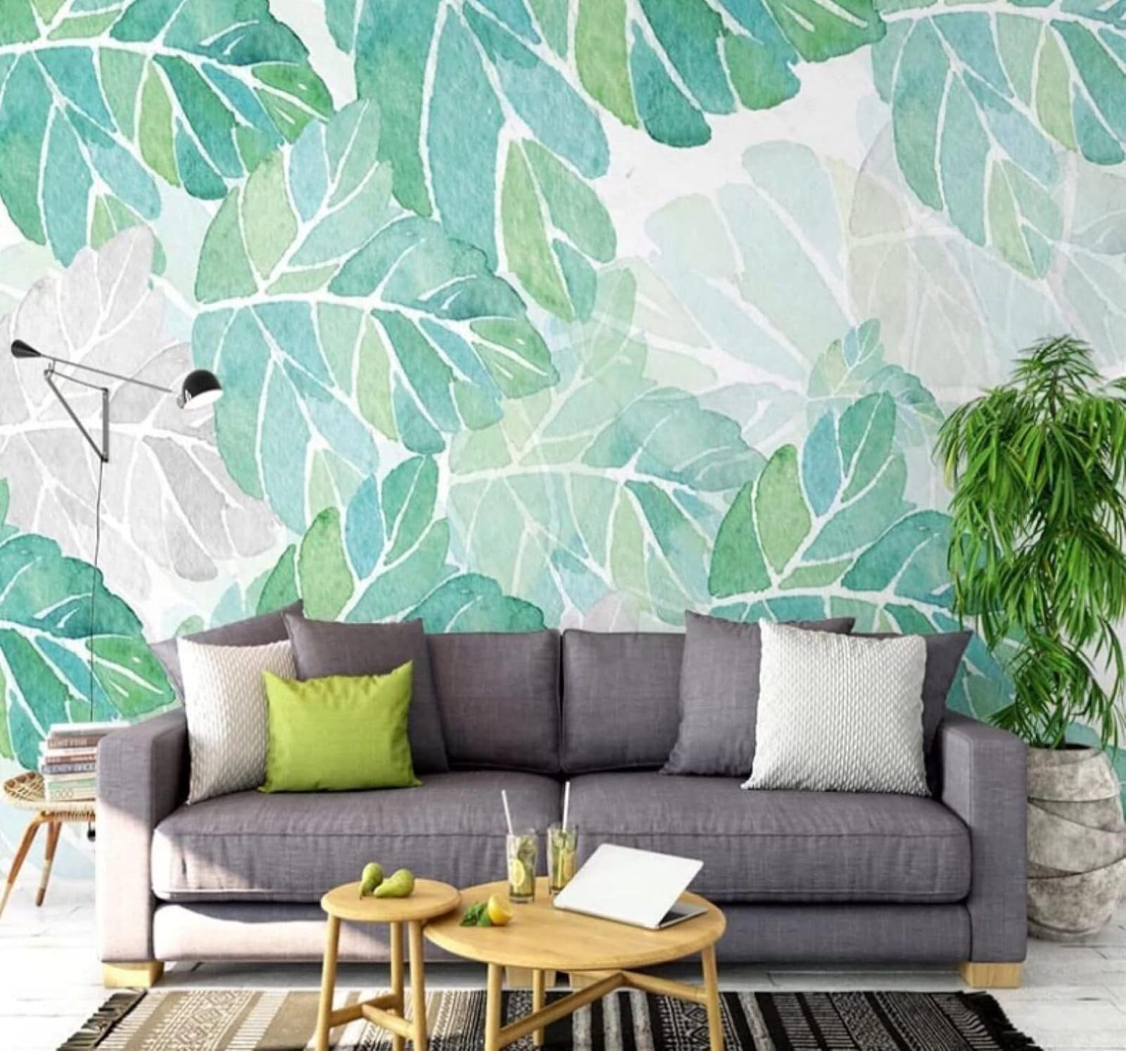 Xlming 200Cm×140Cm(B×H) Minimalist Fresh Hand Drawn Plants Green Leaves 3D Wallpaper Luxury Home Dining Decor Paste Sofa Living Room The Wall For Bedroom Mural-200Cm×140Cm