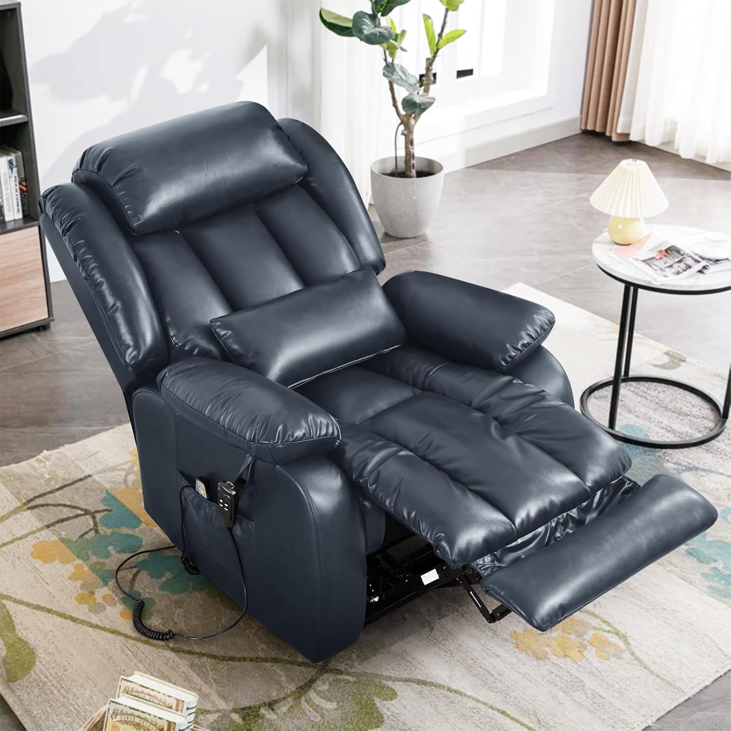 Infinite Position Lay Flat Lift Recliner Chair for Adults, Dual Motor Power Lift Chair for Elderly with Massage & Heating, USB Ports, Remote Control & Lumbar Pillow, Leather (Dark Blue)