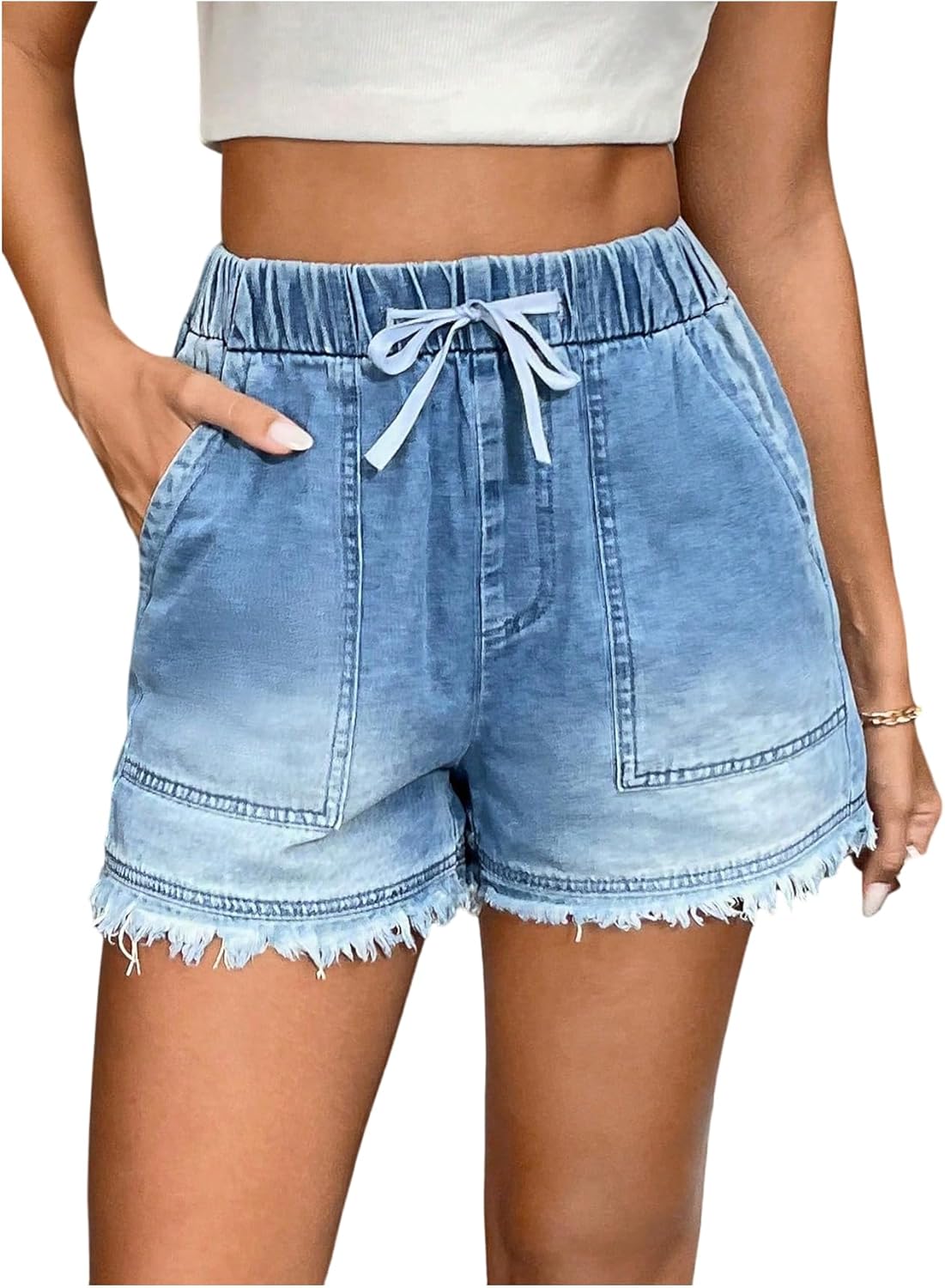 GORGLITTER Women's Wide Leg Denim Jean Shorts High Waisted Tassel Summer Shorts with Pocket