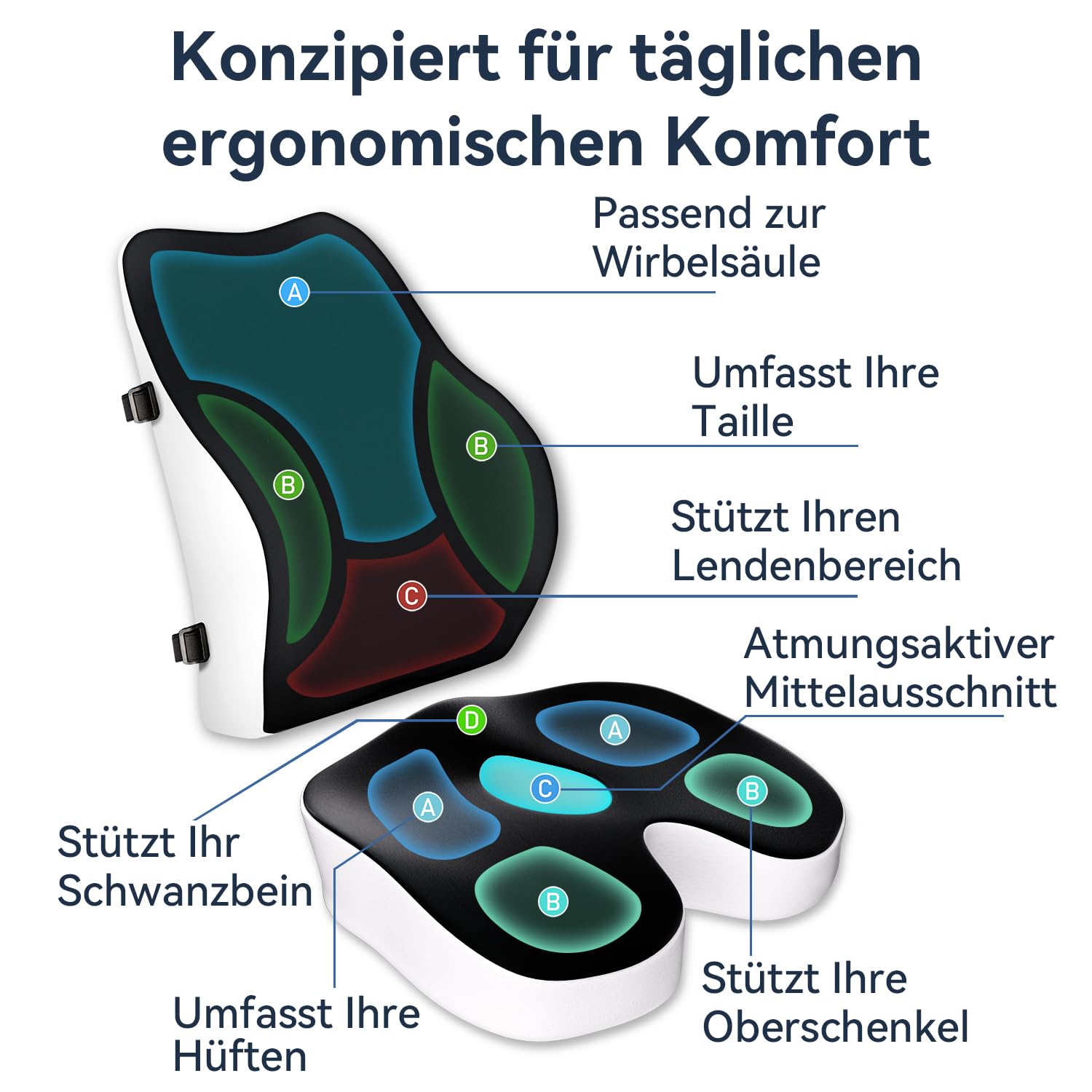 Travel Ease Memory-Schaum Sitzkissen & Lendenstützkissen-Set, Ergonomischer Komfort für Bürostuhl, Autositz, Zuhause & Reisen, Sitzpolster für Rücken und Gesäß, Schwarz