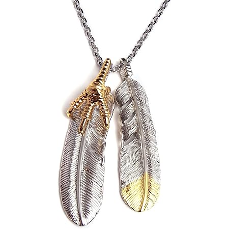 Amazon 人気 メンズ ブランド 金爪 2枚 フェザー ネックレス 銀 羽根 ペンダント トップ ネックレス 通販
