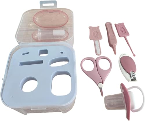 Baby Grooming Set, 7-in-1 Newborn Care Kit, Pink, Plastic and Silicone, Nail Clipper, Scissors, File, Pacifier, Finger Toothbrush, Comb with Carry Case
