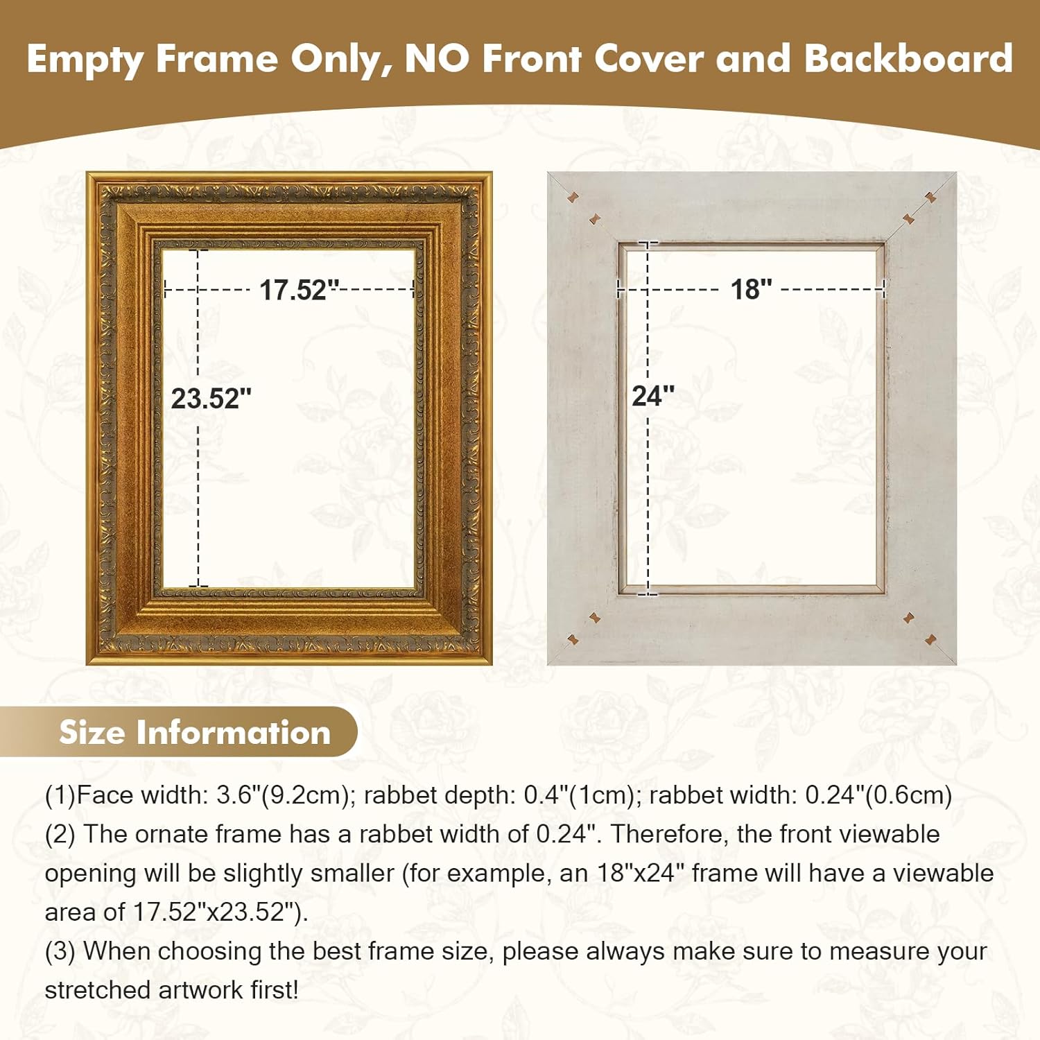 Vintage Plein Air Frame for 24x30 Handmade Paintings, 3.6" Wide DIY Wood Embossed Art Frame for Horizontal Vertical Display, No Glass Cover & Back, Living Room Bedroom Entryway Decor (Gold)