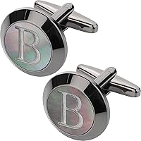 TAIGRAMA Personalized Black Mother of Pearl Cufflinks for Men - Gunmetal Initials A-Z, Hand-Carved Groom Husband Gift
