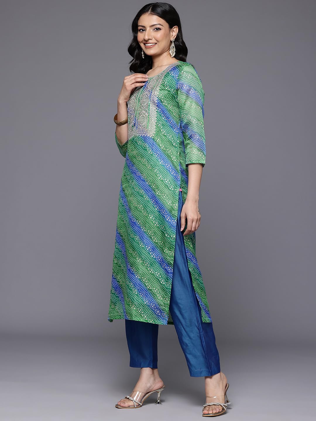 Varanga Women Blue Bandhani Printed Zari Embroidered Kurta Paired With Bottom And Dupatta