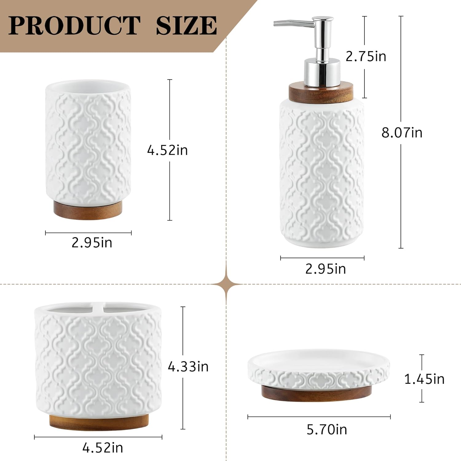 RQYIXI 4 Piece Bathroom Accessories Set, White Ceramic Bath Accessory Set with Wood Accents, Soap Dispenser, Toothbrush Holder, Tumbler and Soap Dish, Elegant Bathroom Countertop Decor